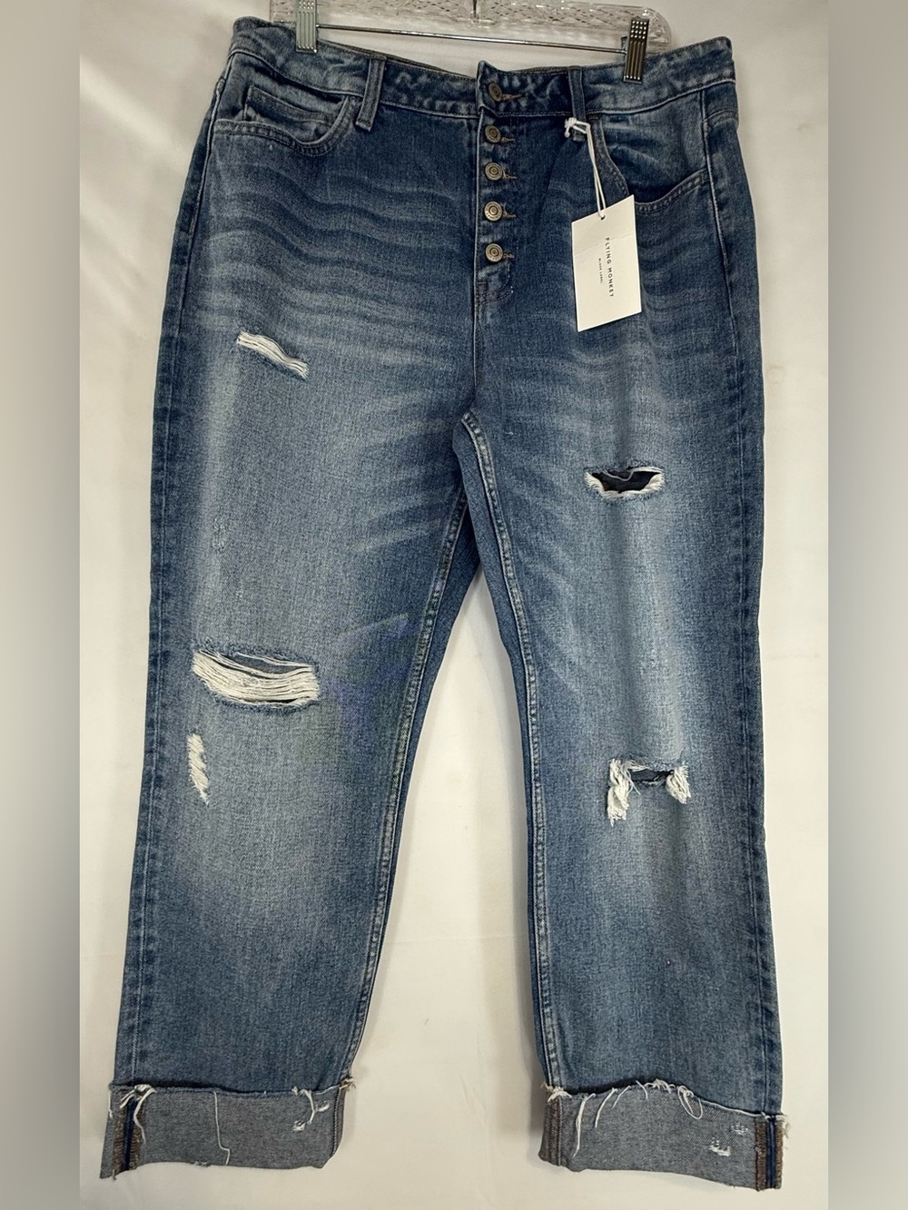 Flying Monkey Women's Boyfriend Distressed Cuffed Denim Jeans - Medium Blue